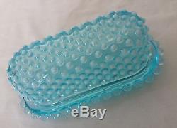 Vintage Fenton Art Glass Blue Opalescent Hobnail Oval Covered Butter Dish