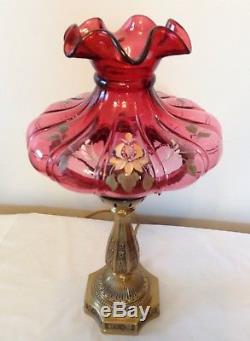 Vintage Fenton Art Glass Cranberry Hand Painted Floral Table Lamp