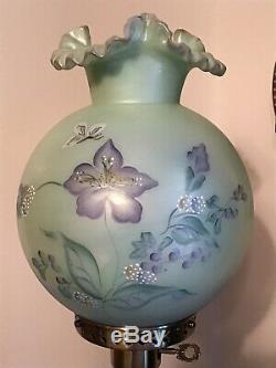 Vintage Fenton Art Glass Floral Interlude On Sea Green Satin Lamp