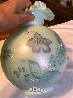 Vintage Fenton Art Glass Floral Interlude On Sea Green Satin Lamp