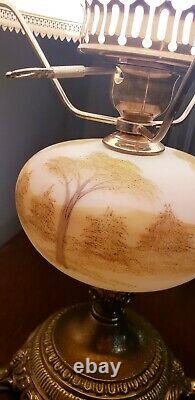Vintage Fenton Art Glass LOG CABIN Table Lamp Painted by ANDRICK Custard Glass