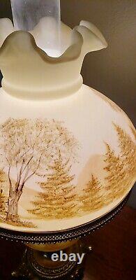Vintage Fenton Art Glass LOG CABIN Table Lamp Painted by ANDRICK Custard Glass