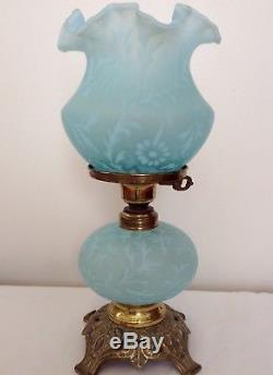 Vintage Fenton Art Glass Satin Blue Opalescent Fern Daisy Lamp
