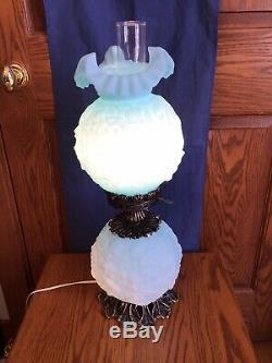 Vintage Fenton Art Glass Satin Pastel Blue Poppy Gone With The Wind Lamp