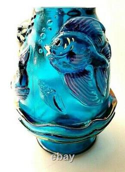Vintage Fenton Atlantis Koi Fish Fairy Lamp Hand Painted Signed Ultramarine Blue