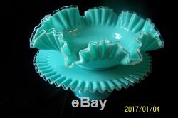 Vintage Fenton Blue Milk Glass Crest Crimpled Edge Bowl Cake Plate
