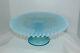 Vintage Fenton Blue Opalescent Hobnail Footed Cake Plate Stand With Ruffled Edge