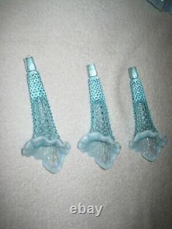 Vintage Fenton Blue Opalescent Hobnail Glass Epergne Bowl 3 Lily Horn Vase