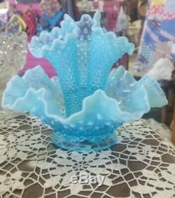 Vintage Fenton Blue Opalescent Hobnail Miniature Epergne Bowl 3 Lily Horn Vase