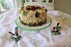 Vintage Fenton Bright Emerald Green Crest Cake Plate Stand White Milk Glass Ex