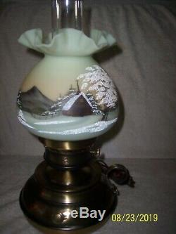 Vintage, Fenton Brss Lamp, Custard Glass Globe, 1978 Foster, Winter Church Neat