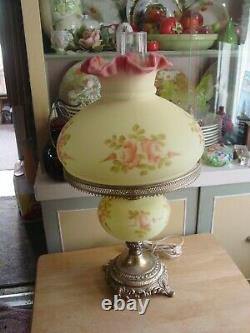 Vintage Fenton Burmese Gone With The Wind Lamp Uranium Glass Hand Painted Roses