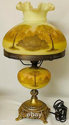 Vintage Fenton CUSTARD WithLOG CABIN 20 TABLE LAMP PAINTED BY D. FREDRICK