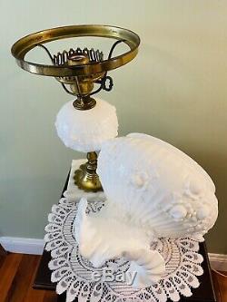 Vintage Fenton Cabbage Rose Electric Student Lamp White Marble Base 19 1/2 Tall