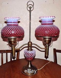 Vintage Fenton Cranberry Opalescent Hobnail Double Student Lamp & Brass