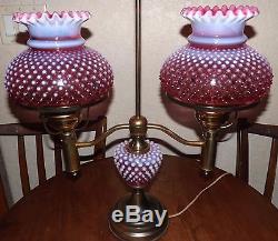 Vintage Fenton Cranberry Opalescent Hobnail Double Student Lamp & Brass