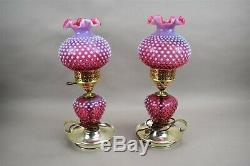 Vintage Fenton Cranberry Opalescent Hobnail Table Lamps Carnival Glass Parlor