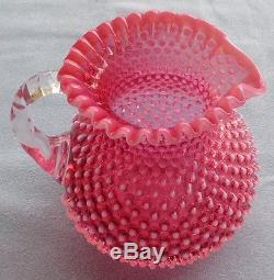 Vintage Fenton Cranberry Opalescent Hobnail Water Set Pitcher and 6 Tumblers