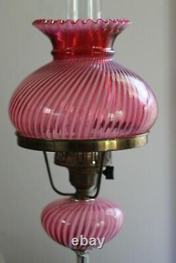 Vintage Fenton Cranberry Swirl/Spiral Optic 17 1/2 Student Lamp withmarble base