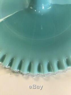 Vintage Fenton Glass Aqua Turquoise Blue Silvercrest Ruffled Cake Plate Stand