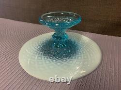 Vintage Fenton Glass Blue Opalescent Diamond Lace Cake Plate Stand