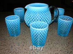 Vintage Fenton Glass Blue Opalescent Hobnail Squat Jug & 6 Tumblers Juice Set