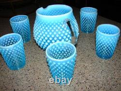 Vintage Fenton Glass Blue Opalescent Hobnail Squat Jug & 6 Tumblers Juice Set