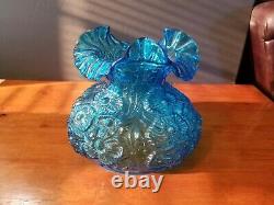 Vintage Fenton Glass Blue Poppy Flowers Ruffled Lamp Shade Excellent Condition