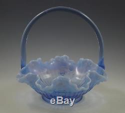 Vintage Fenton Glass Bride Basket Lavender Blue Opalescent Cabbage Rose, Rare