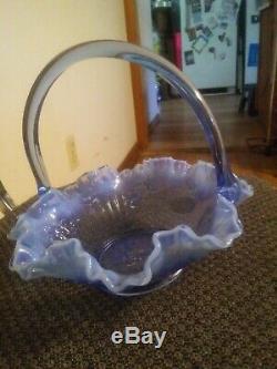 Vintage Fenton Glass Bride Basket Lavender Blue Opalescent Cabbage Rose, Rare