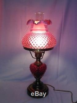 Vintage Fenton Glass, Cranberry Opalescent Hobnail Student / Table Lamp