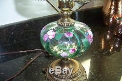 Vintage Fenton Glass Hand Painted Lamp JK Spindler Green With Pink Flowers