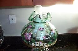 Vintage Fenton Glass Hand Painted Lamp JK Spindler Green With Pink Flowers