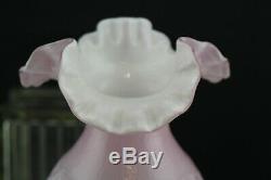 Vintage Fenton Glass Wild Rose & Bow Knot Pink Overlay Shade Brass Finger Lamp