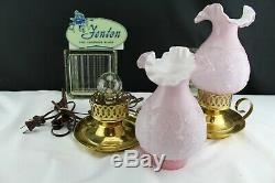 Vintage Fenton Glass Wild Rose & Bow Knot Pink Overlay Shade Brass Finger Lamp
