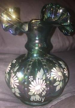 Vintage Fenton Green Carnival Glass Melon Vase Signed By Frank Fenton