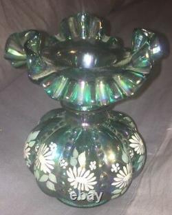 Vintage Fenton Green Carnival Glass Melon Vase Signed By Frank Fenton