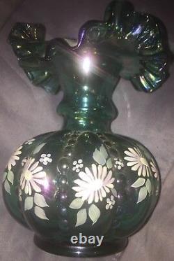 Vintage Fenton Green Carnival Glass Melon Vase Signed By Frank Fenton