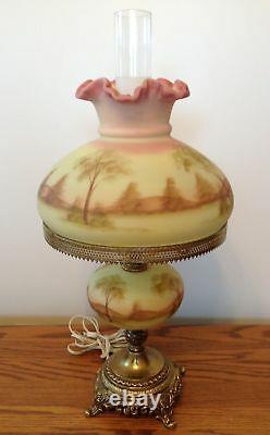 Vintage Fenton Hand Painted Scenic View Burmese Lamp