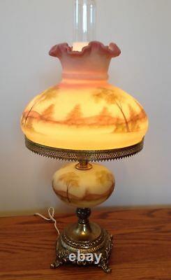 Vintage Fenton Hand Painted Scenic View Burmese Lamp