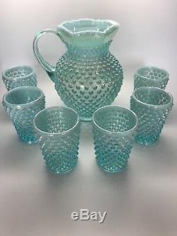 Vintage Fenton Hobnail Blue Opalescent Pitcher and Tumblers Mother of Pearl