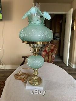 Vintage Fenton Hurricane/Student Lamp Pale Blue Cabbage Rose, Stunning