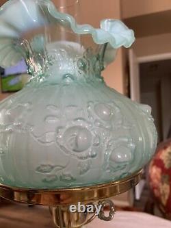 Vintage Fenton Hurricane/Student Lamp Pale Blue Cabbage Rose, Stunning