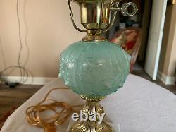 Vintage Fenton Hurricane/Student Lamp Pale Blue Cabbage Rose, Stunning