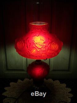 Vintage Fenton LG Smith Hurricane QWTW Parlor Lamp DK Cranberry Puffy Rose 3-Way