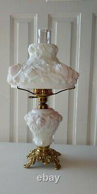 Vintage Fenton L. G. Wright puffy roses white cranberry interior GWTW parlor lamp