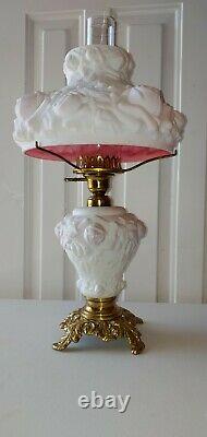 Vintage Fenton L. G. Wright puffy roses white cranberry interior GWTW parlor lamp
