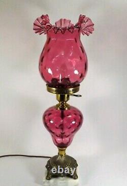 Vintage Fenton Lamp Cranberry Thumbprint Coin Dot Optic Table Lamp Crimped Edge