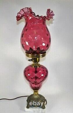 Vintage Fenton Lamp Cranberry Thumbprint Coin Dot Optic Table Lamp Crimped Edge