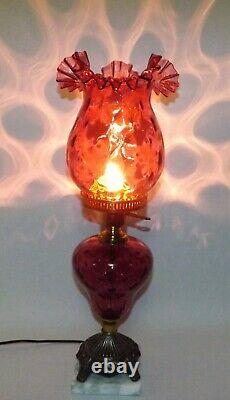 Vintage Fenton Lamp Cranberry Thumbprint Coin Dot Optic Table Lamp Crimped Edge